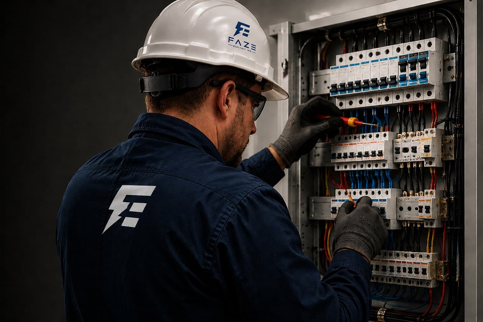 FAZE Electric electrician terminating circuits in a commercial distribution panel in Toronto.